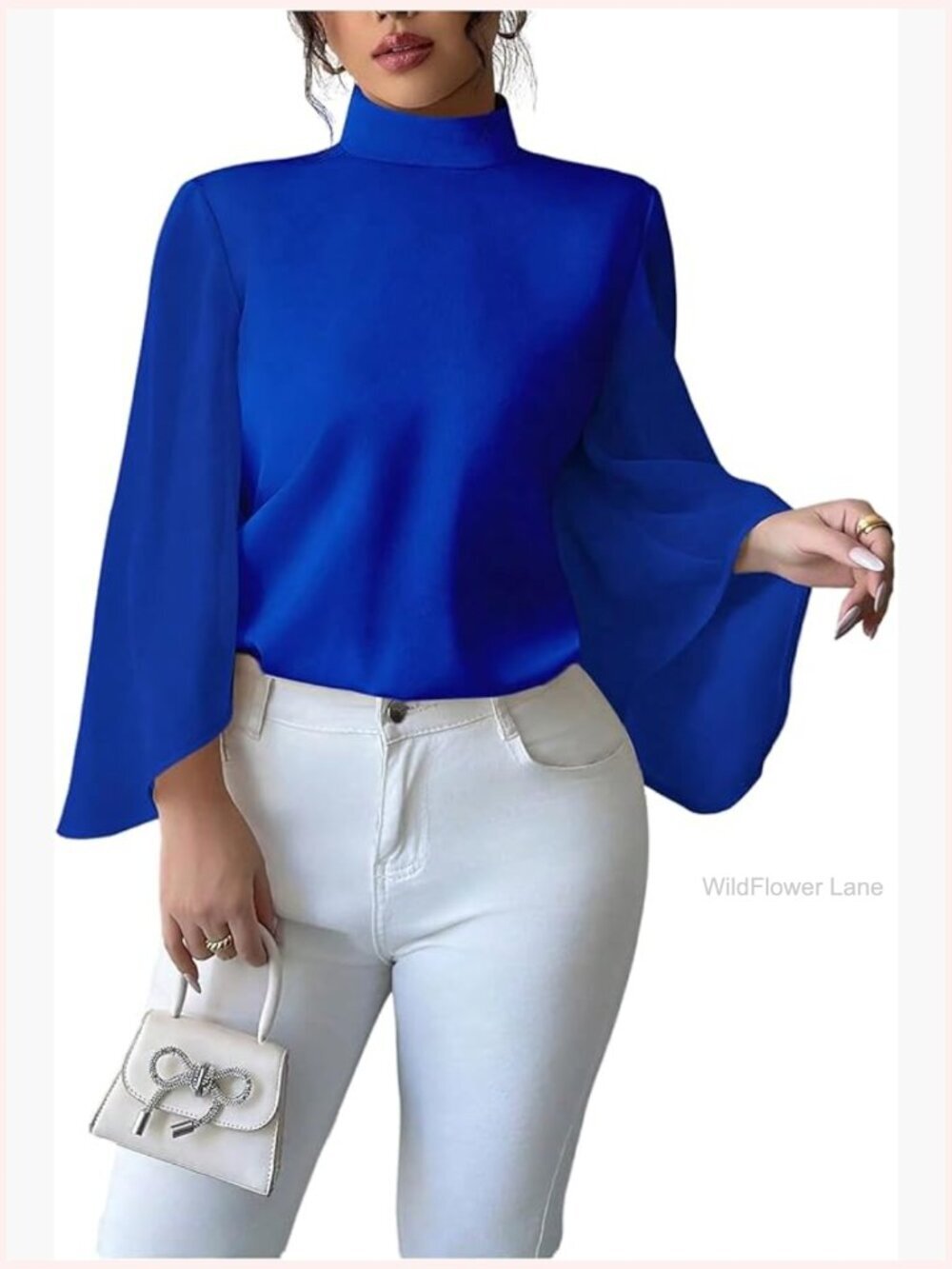 Elegant Flounce Sleeve Blouse Top Satin Mock Neck Business Casual Shirts